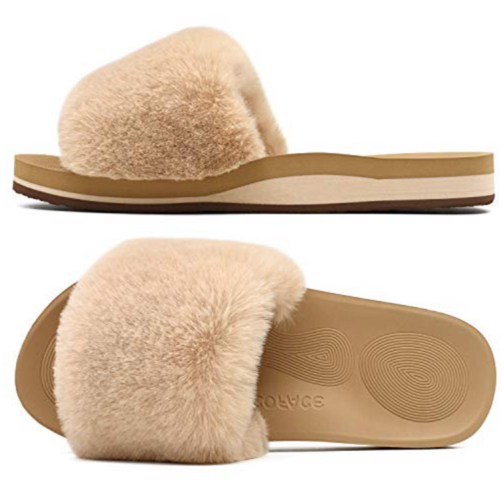 COFACE Womens Fur Sliders Plush House Slippers with Arch Support and Anti Skid